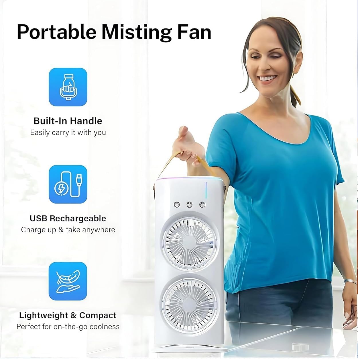 Rechargeable Rotating Spray Fan with Lightening Effects