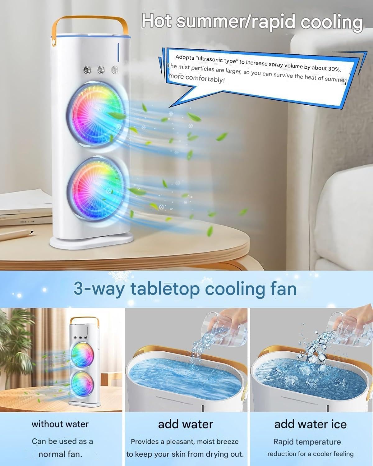 Rechargeable Rotating Spray Fan with Lightening Effects